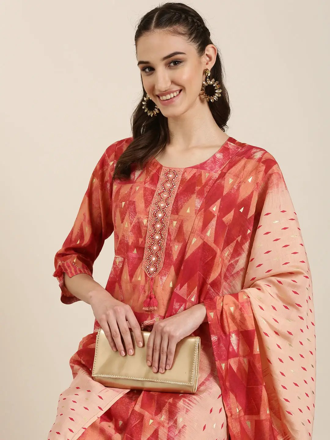 Women's Red Ethnic Motifs Printed Mirror Work Kurta Set With Dupatta