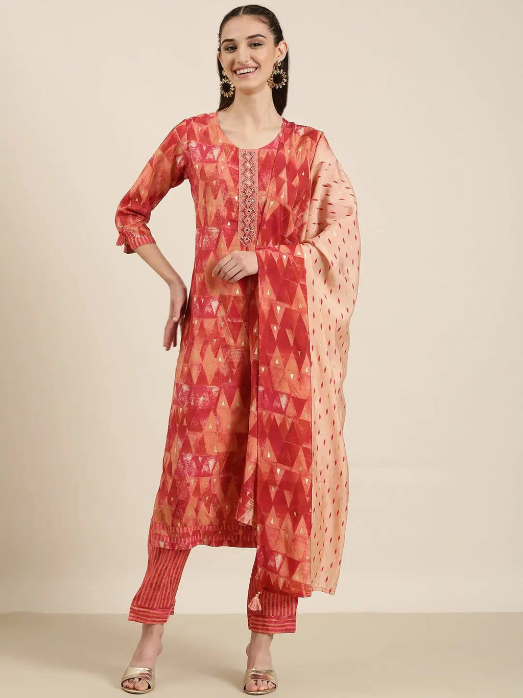 Women's Red Ethnic Motifs Printed Mirror Work Kurta Set With Dupatta