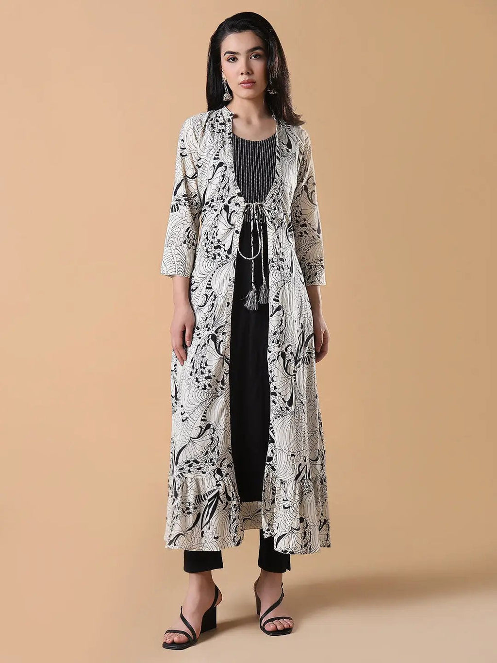 Women's Black Solid Cotton Anarkali Kurta with Shrug