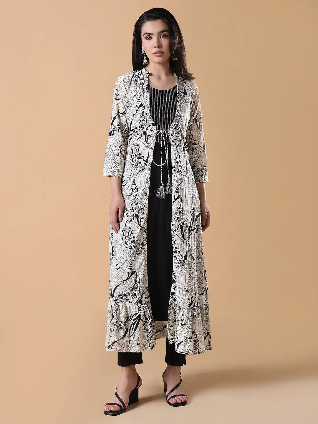 Women's Black Solid Cotton Anarkali Kurta with Shrug