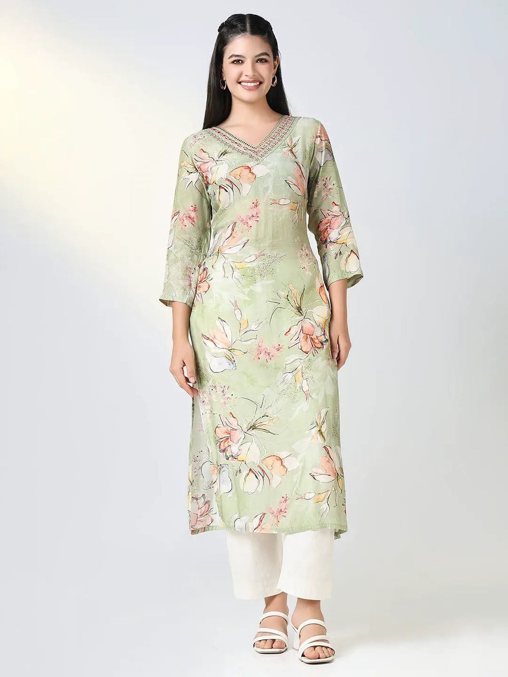 Women's Green Floral Straight Kurta