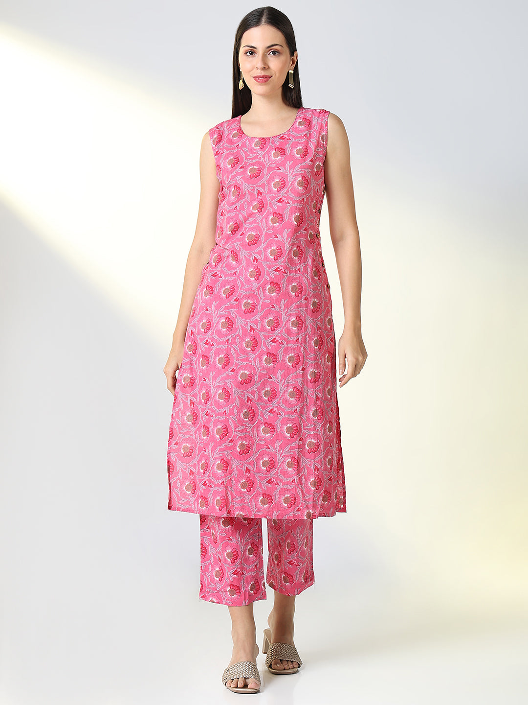 Women's Pink Floral Straight Kurta Set