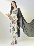 Women's Cream Geometric Straight Kurta Set with Dupatta