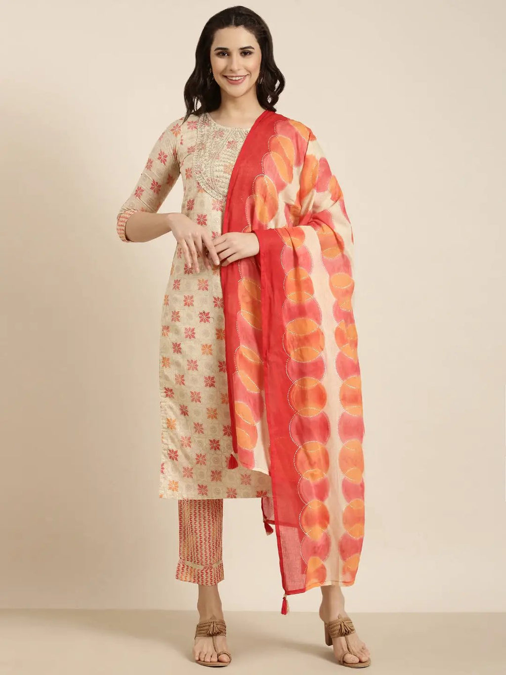Women's Straight Beige Geometric Kurta Sets with Trousers & Dupatta