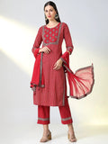 Women's Maroon Striped Straight Kurta Set with Dupatta