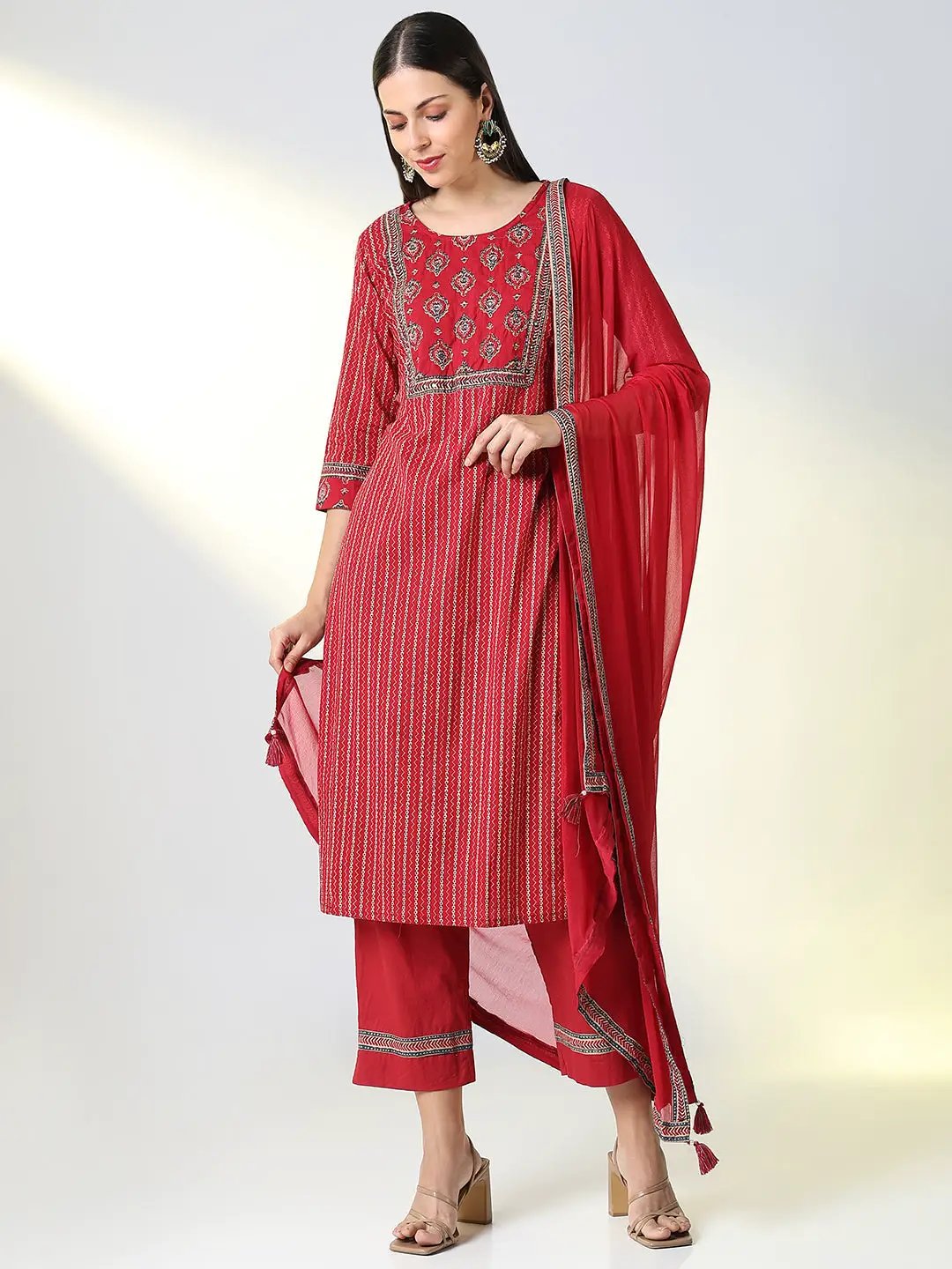 Women's Maroon Striped Straight Kurta Set with Dupatta