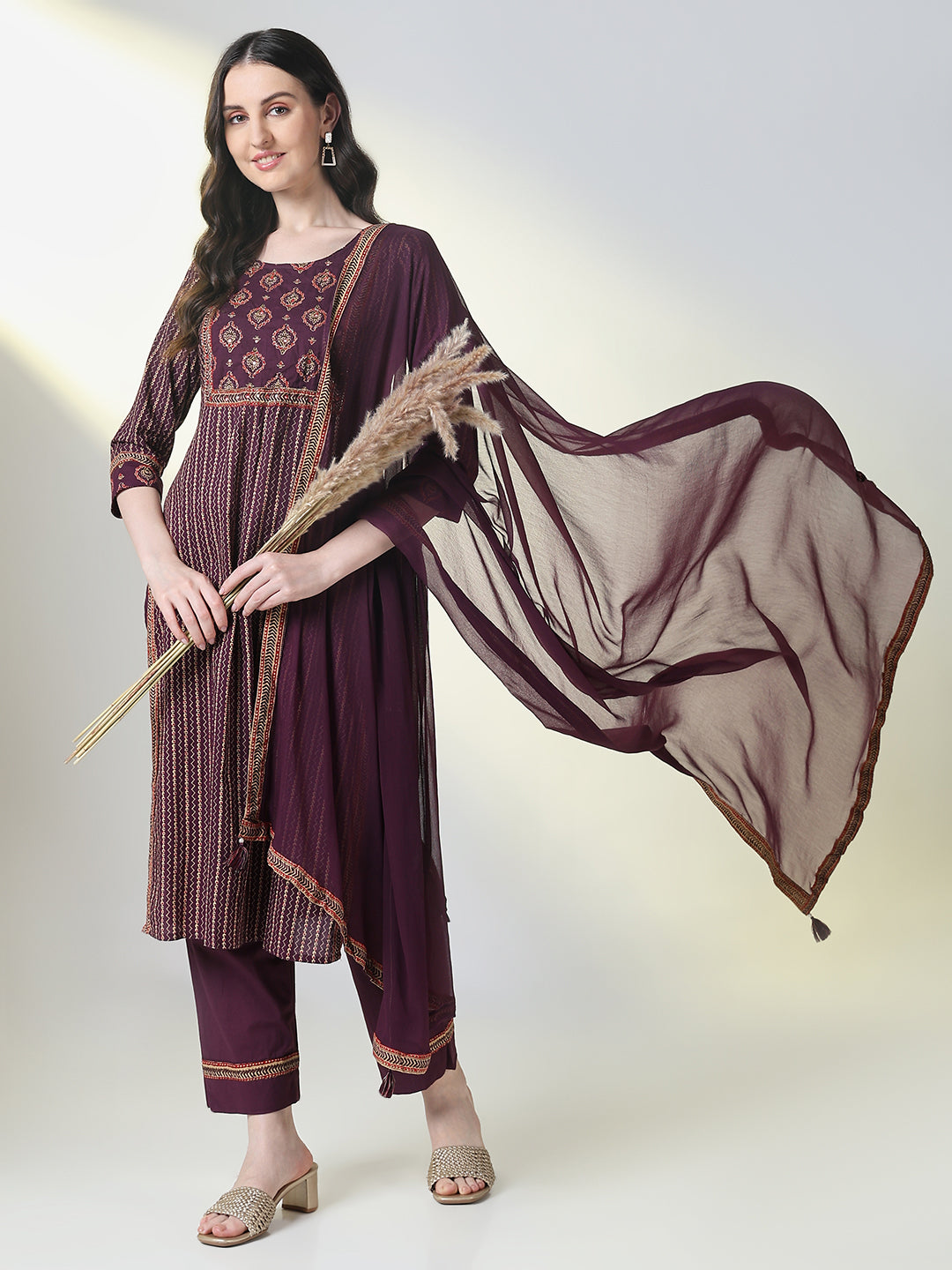 Women's Purple Striped Straight Kurta Set with Dupatta