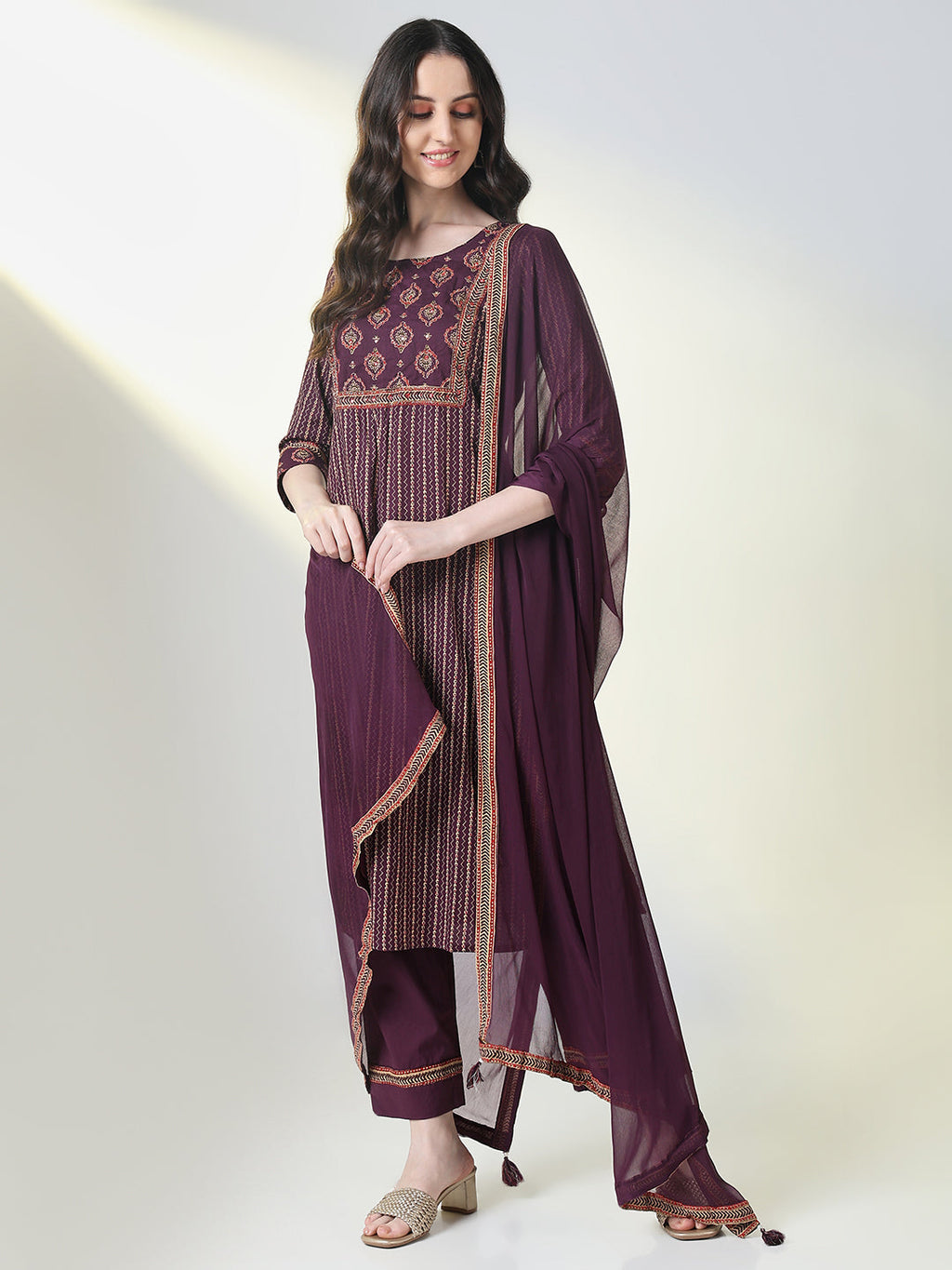 Women's Purple Striped Straight Kurta Set with Dupatta