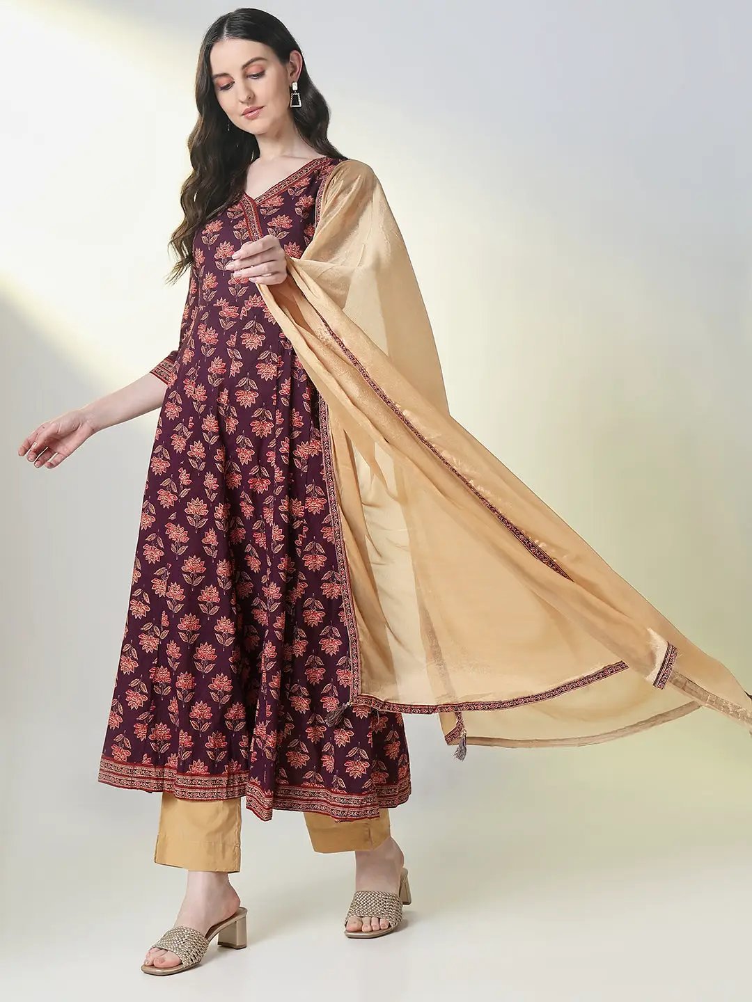Women's Purple Graphic Anarkali Kurta Set with Dupatta