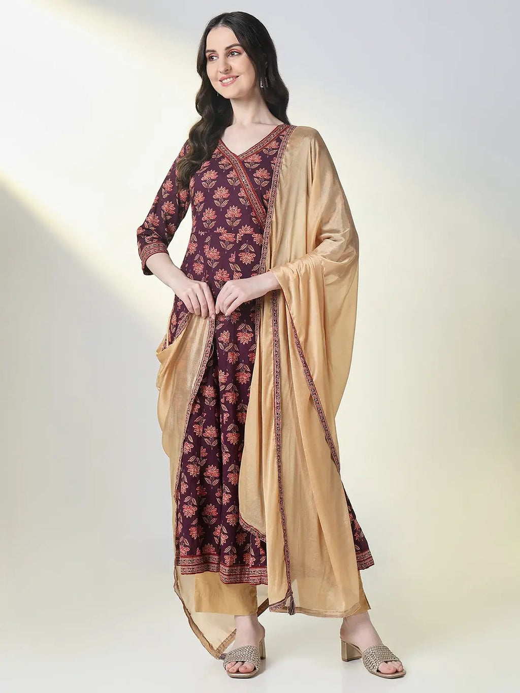 Women's Purple Graphic Anarkali Kurta Set with Dupatta