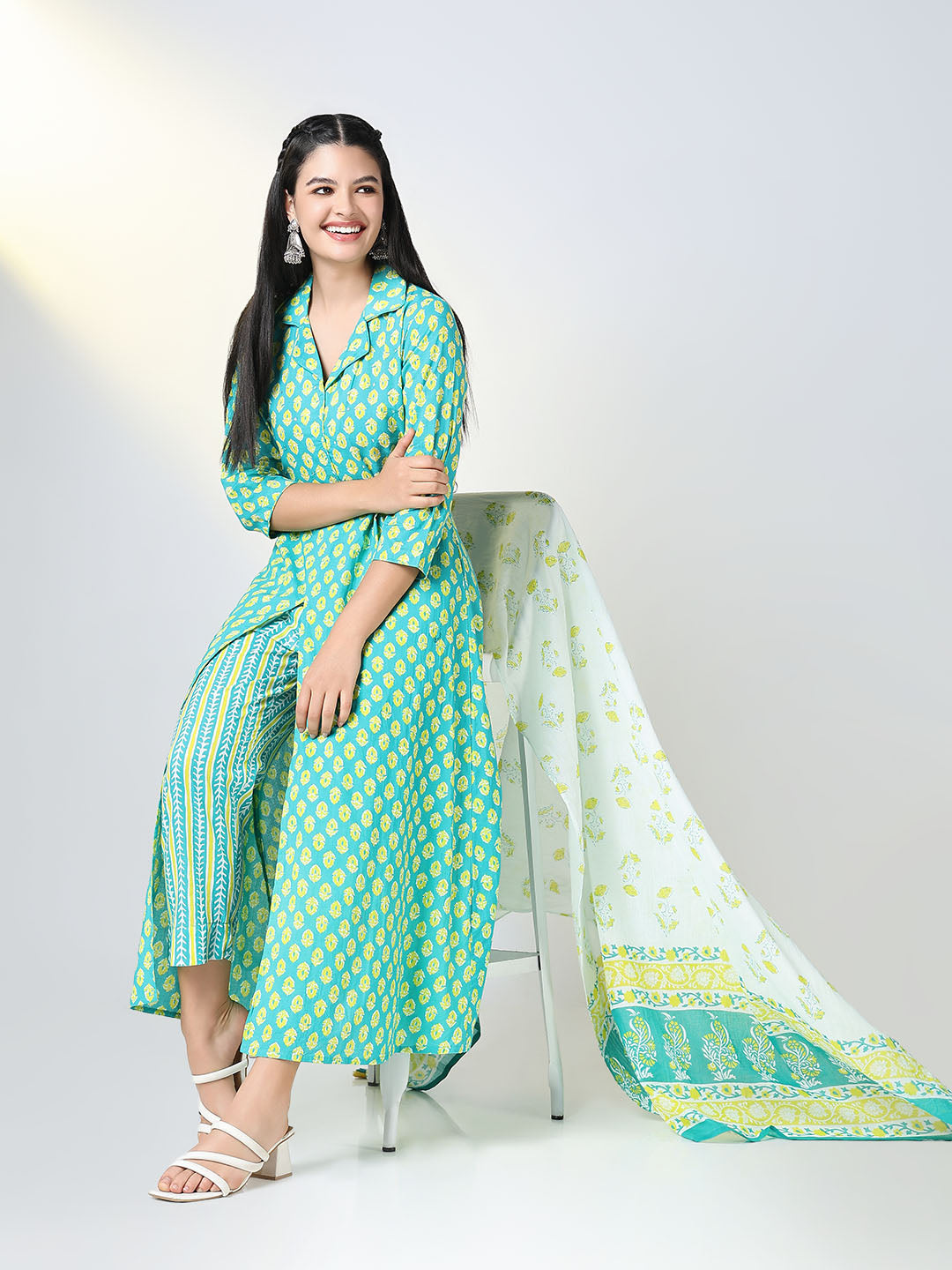 Women's Sea Green Floral Print A Line Kurta Set with Dupatta