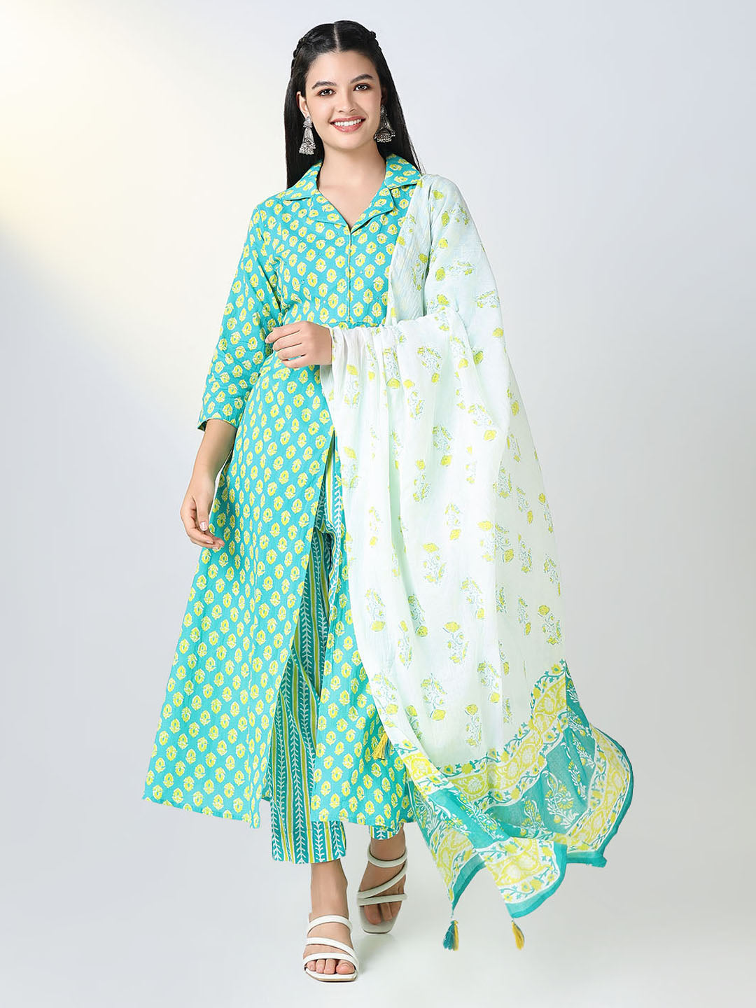 Women's Sea Green Floral Print A Line Kurta Set with Dupatta