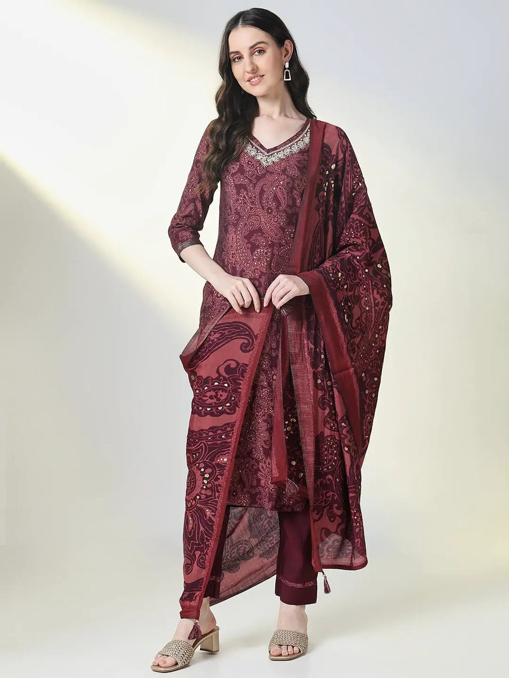 Women's Maroon Paisley Straight Kurta Set with Dupatta