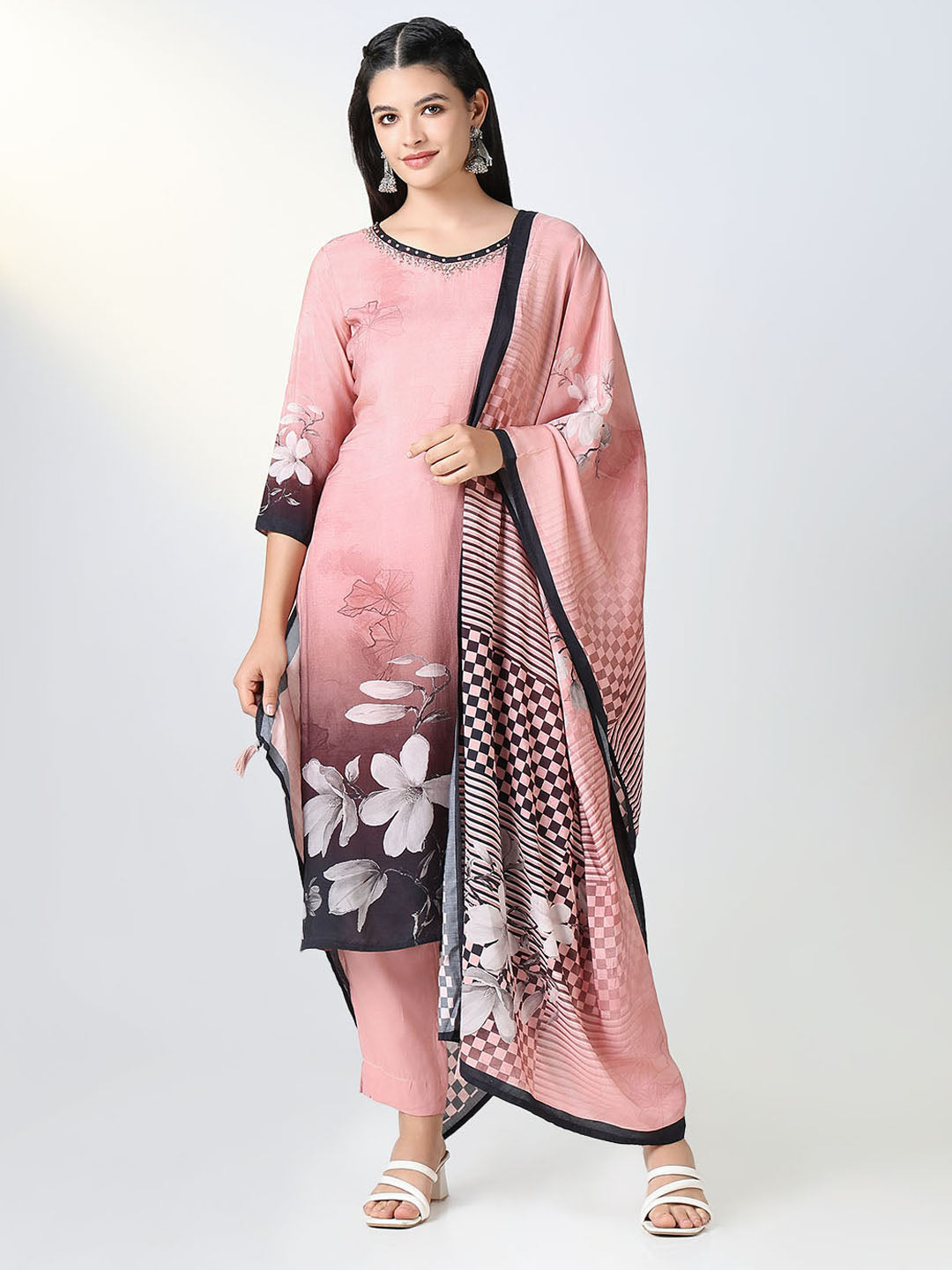 Women's Pink Floral Straight Kurta Set with Dupatta