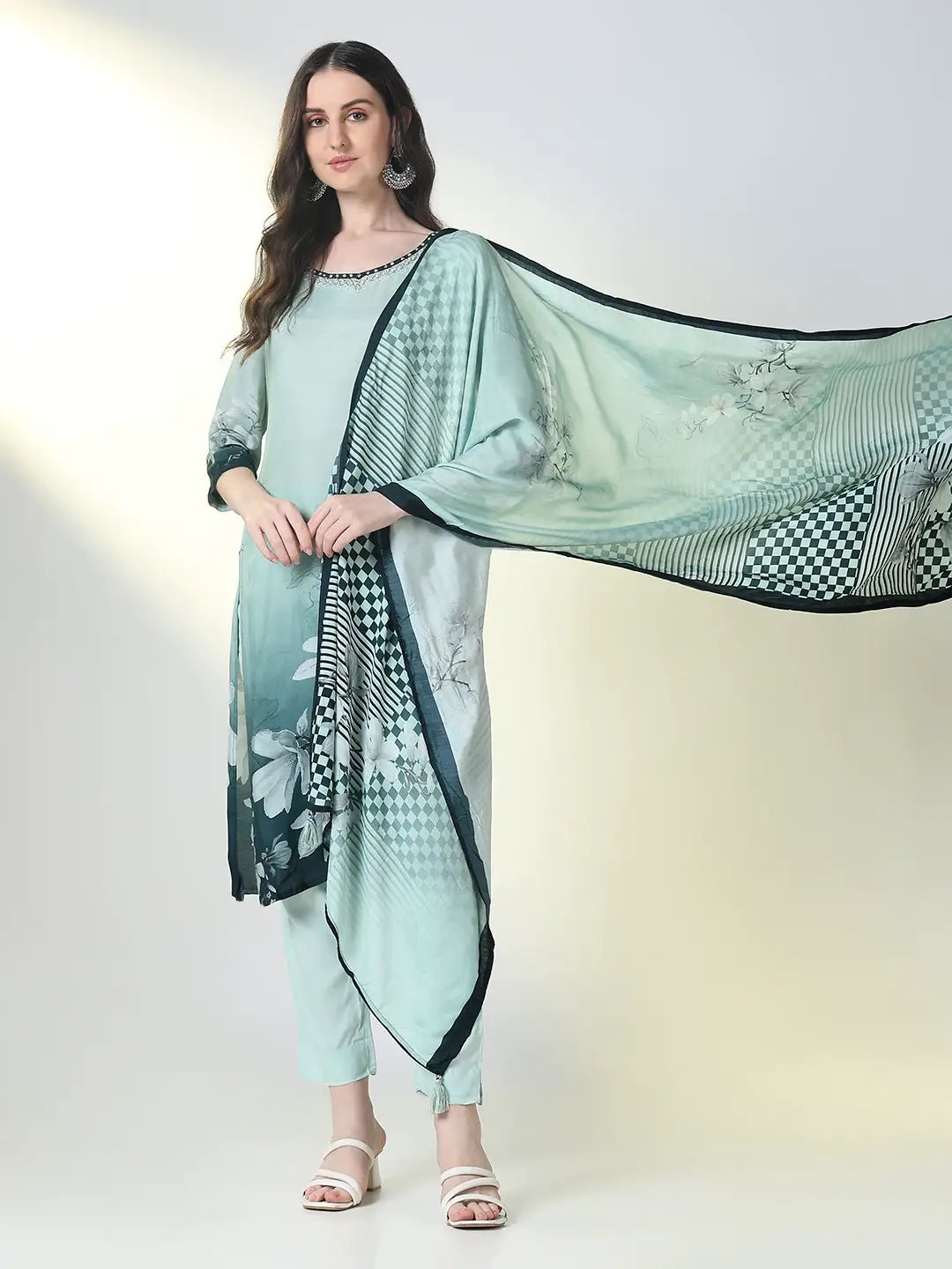 Women's Sea Green Floral Straight Kurta Set with Dupatta