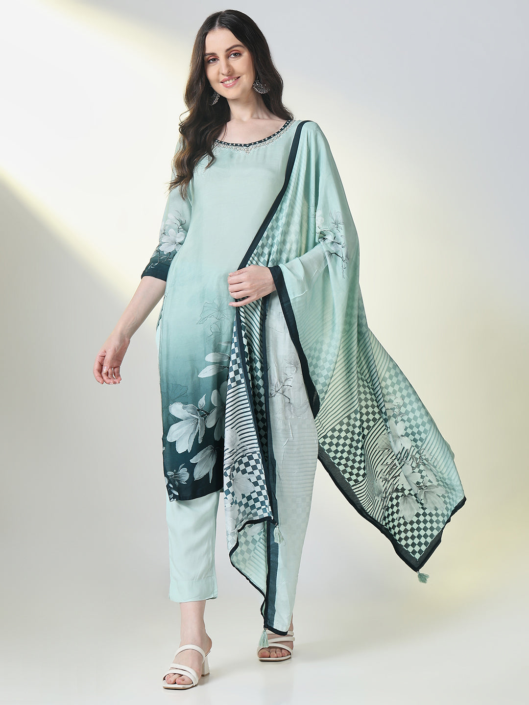Women's Sea Green Floral Straight Kurta Set with Dupatta