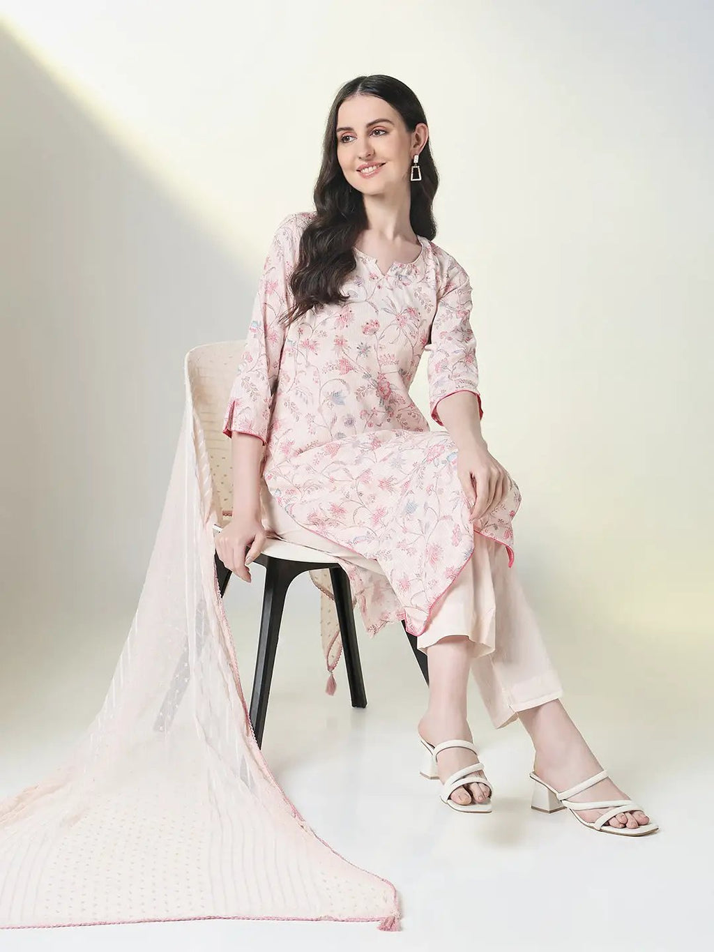 Women's Pink Ethnic Floral Straight Kurta Set with Dupatta