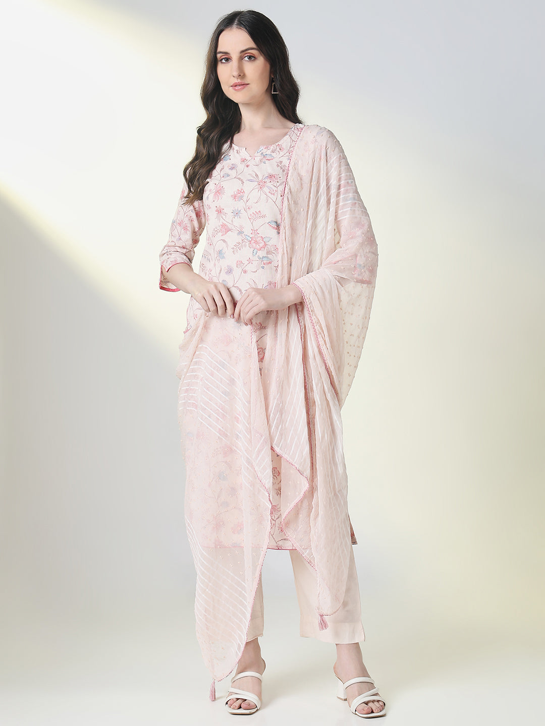 Women's Pink Ethnic Floral Straight Kurta Set with Dupatta