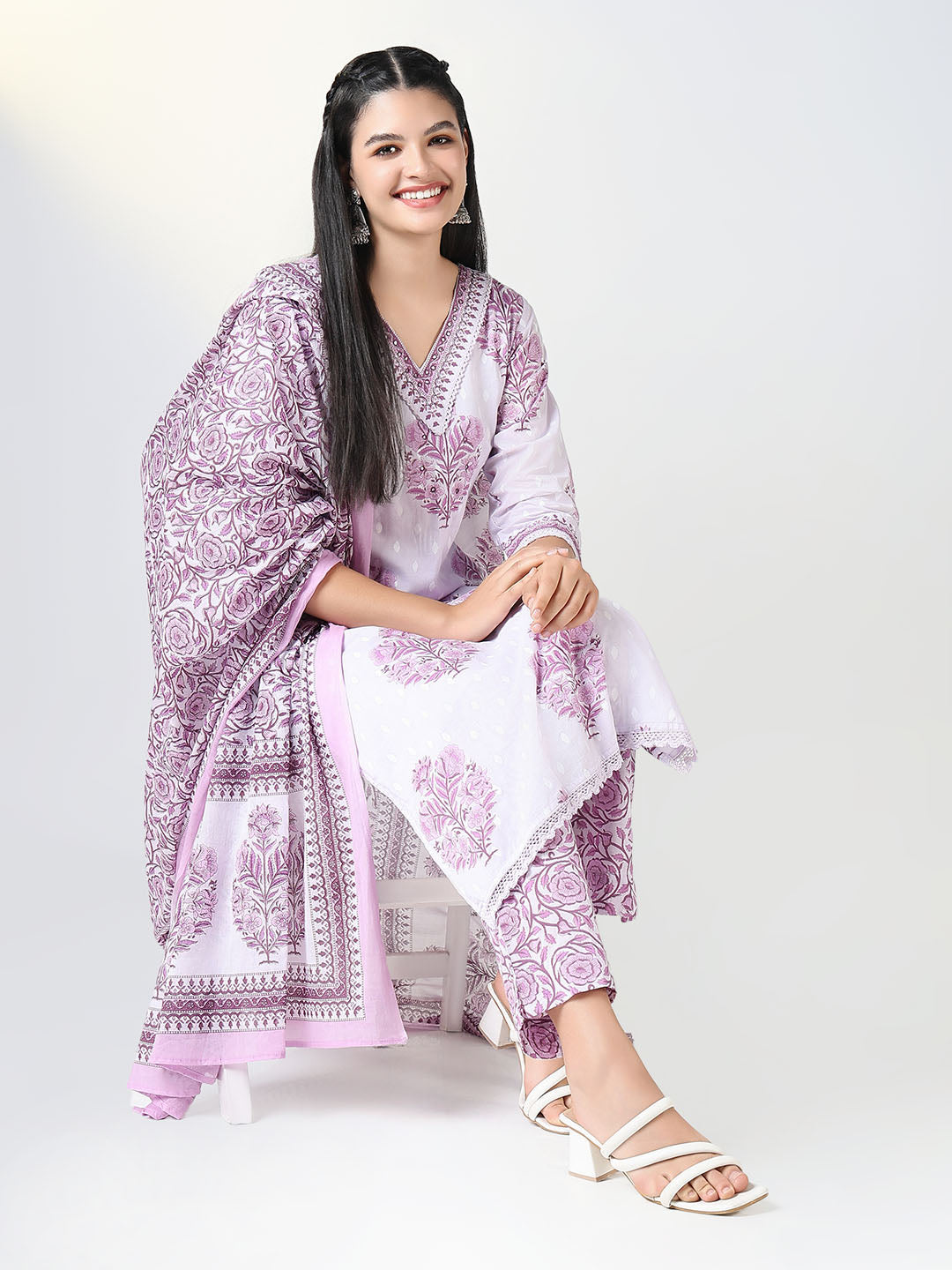 Women's Purple Floral Straight Kurta Set with Dupatta