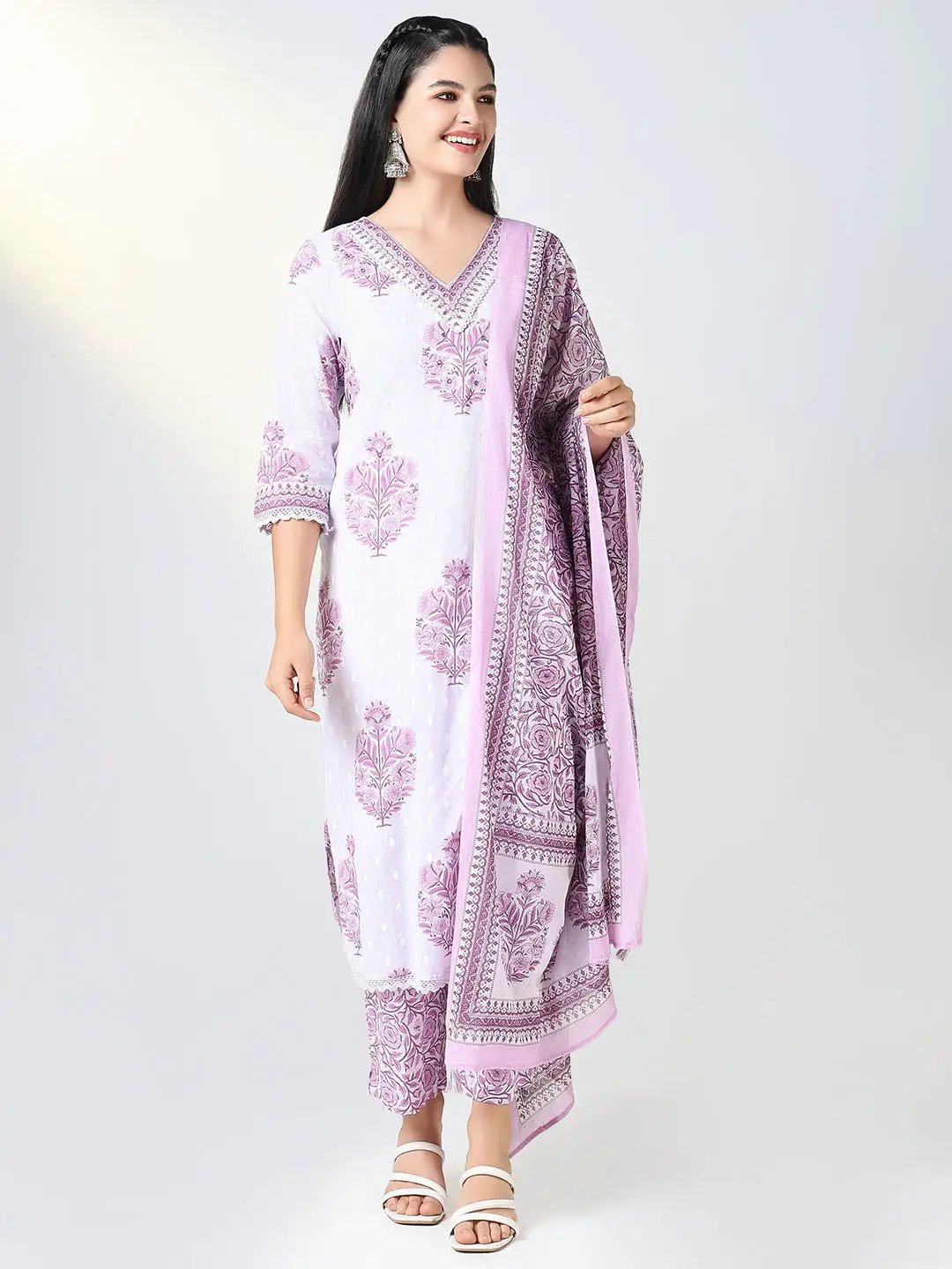 Women's Purple Floral Straight Kurta Set with Dupatta