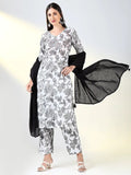Women's Grey Ethnic Floral Straight Kurta Set with Dupatta