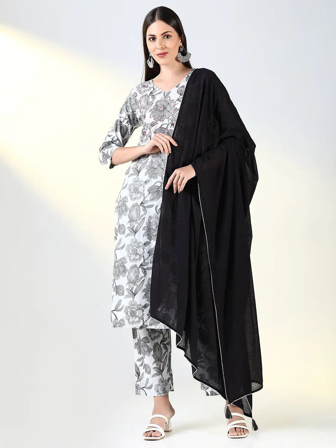 Women's Grey Ethnic Floral Straight Kurta Set with Dupatta