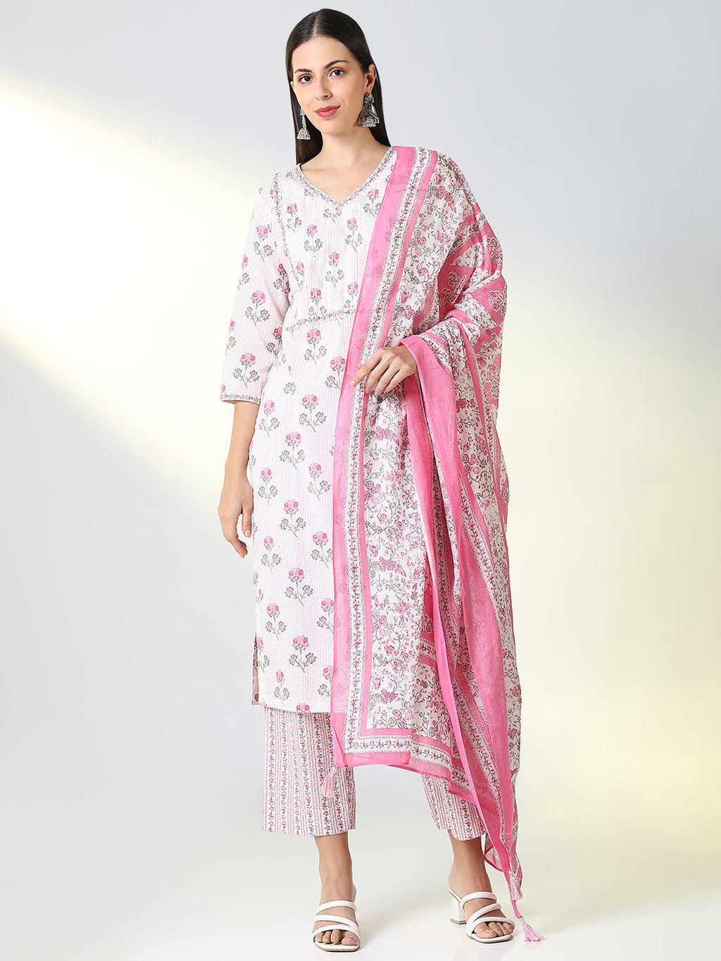 Women's Pink Floral Ethnic Straight Kurta Set with Dupatta