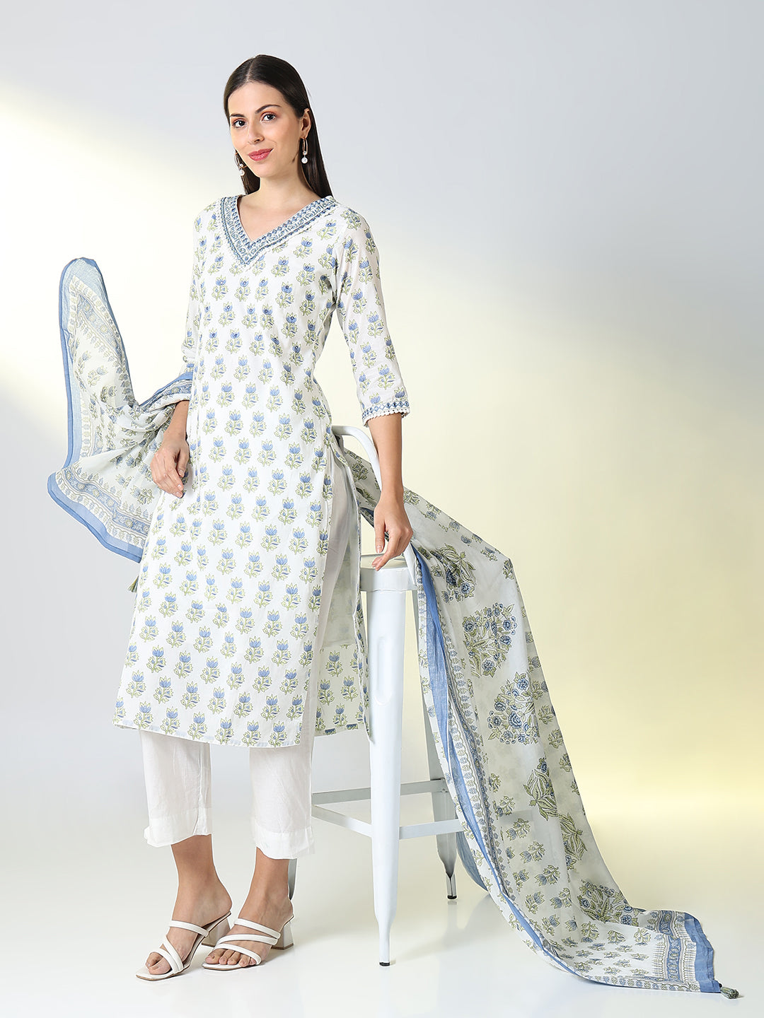 Women's White Graphic Straight Kurta Set with Dupatta