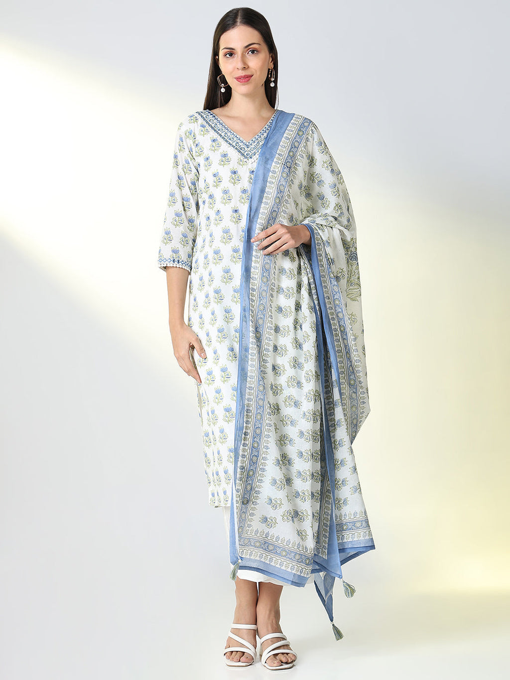 Women's White Graphic Straight Kurta Set with Dupatta