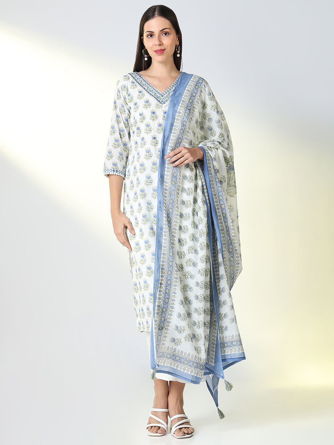 Women's White Graphic Straight Kurta Set with Dupatta