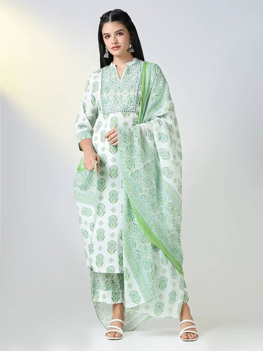 Women's Green Block Print Straight Kurta Set with Dupatta