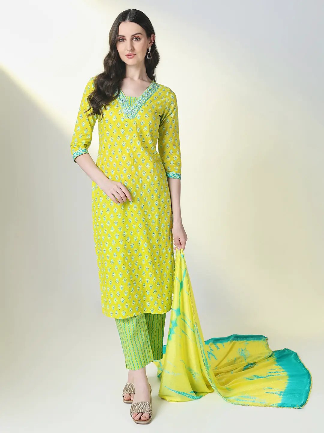 Women's Yellow Floral Straight Kurta Set with Dupatta