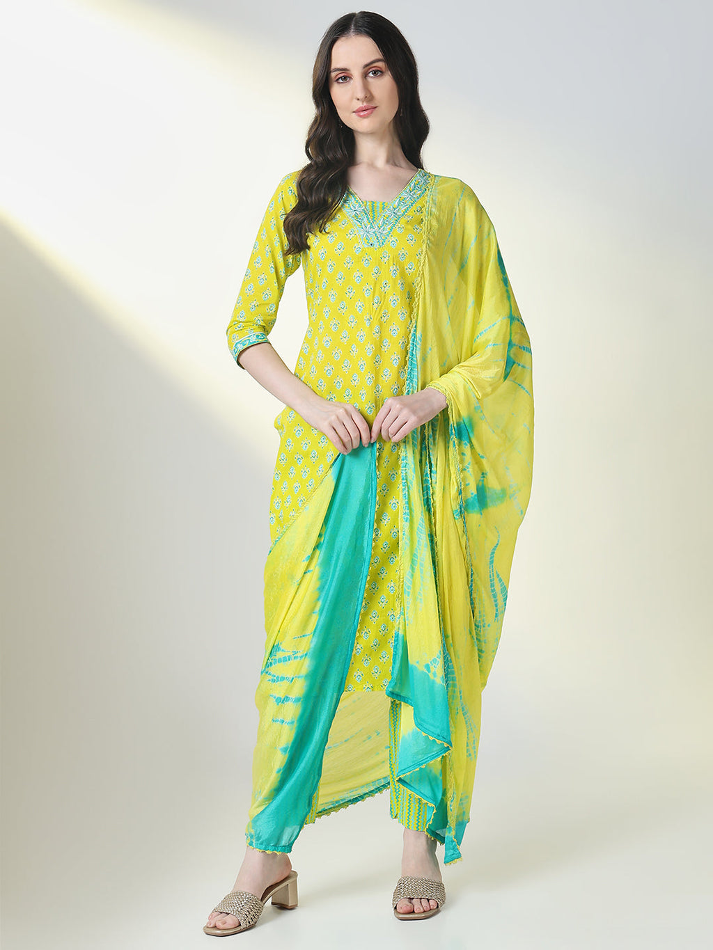Women's Yellow Floral Straight Kurta Set with Dupatta