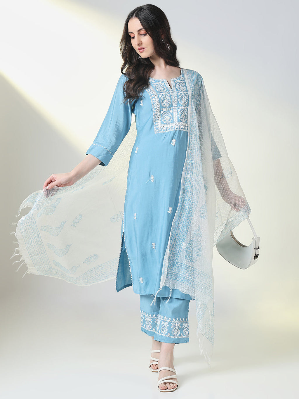 Women's Blue Embroidered Straight Kurta Sets with Dupatta