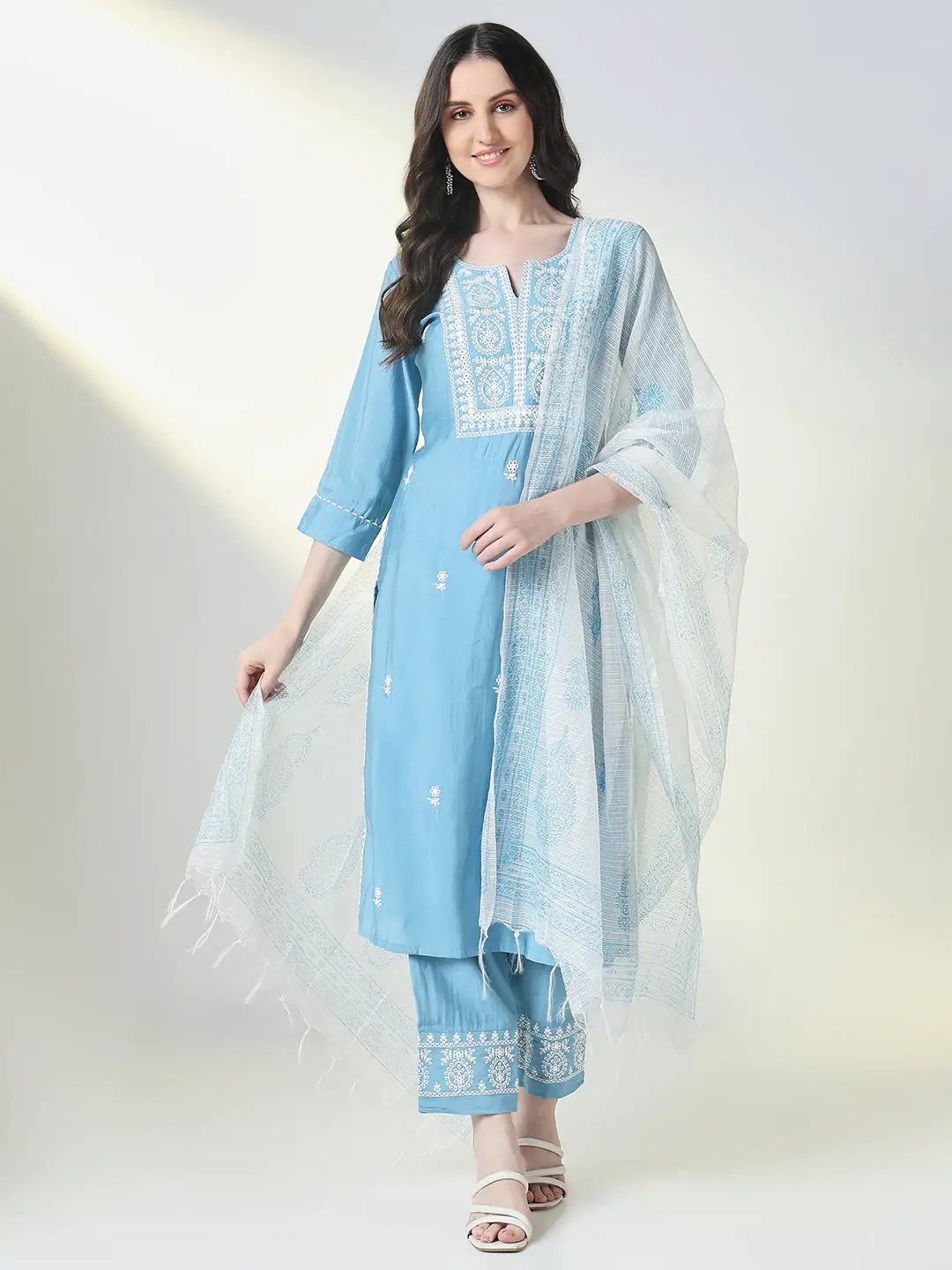 Women's Blue Embroidered Straight Kurta Sets with Dupatta