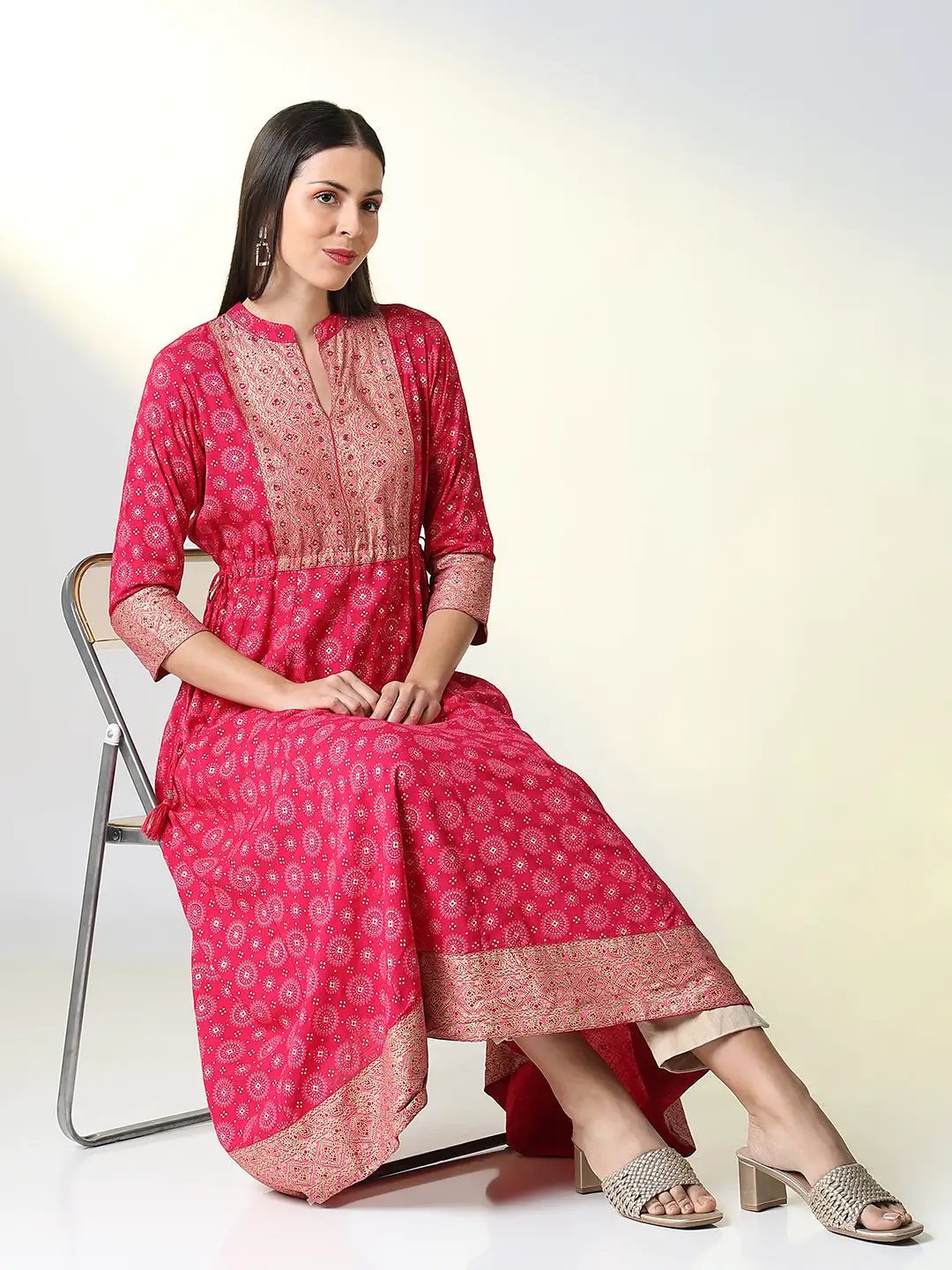 Women's Pink Ethnic Motifs A Line Kurta