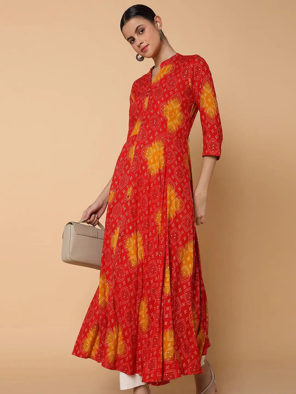 Women's Anarkali Empire Red Bandhani Kurta