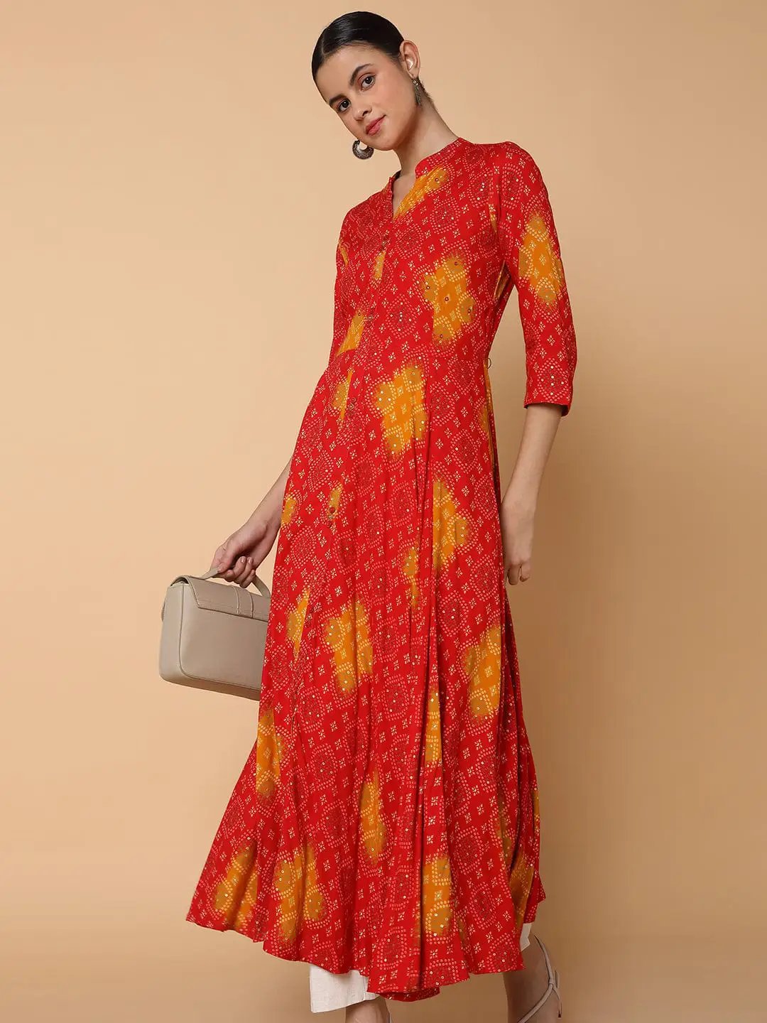 Women's Anarkali Empire Red Bandhani Kurta
