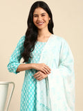 Women's Ethnic Graphic Blue Straight Kurta Set with Dupatta
