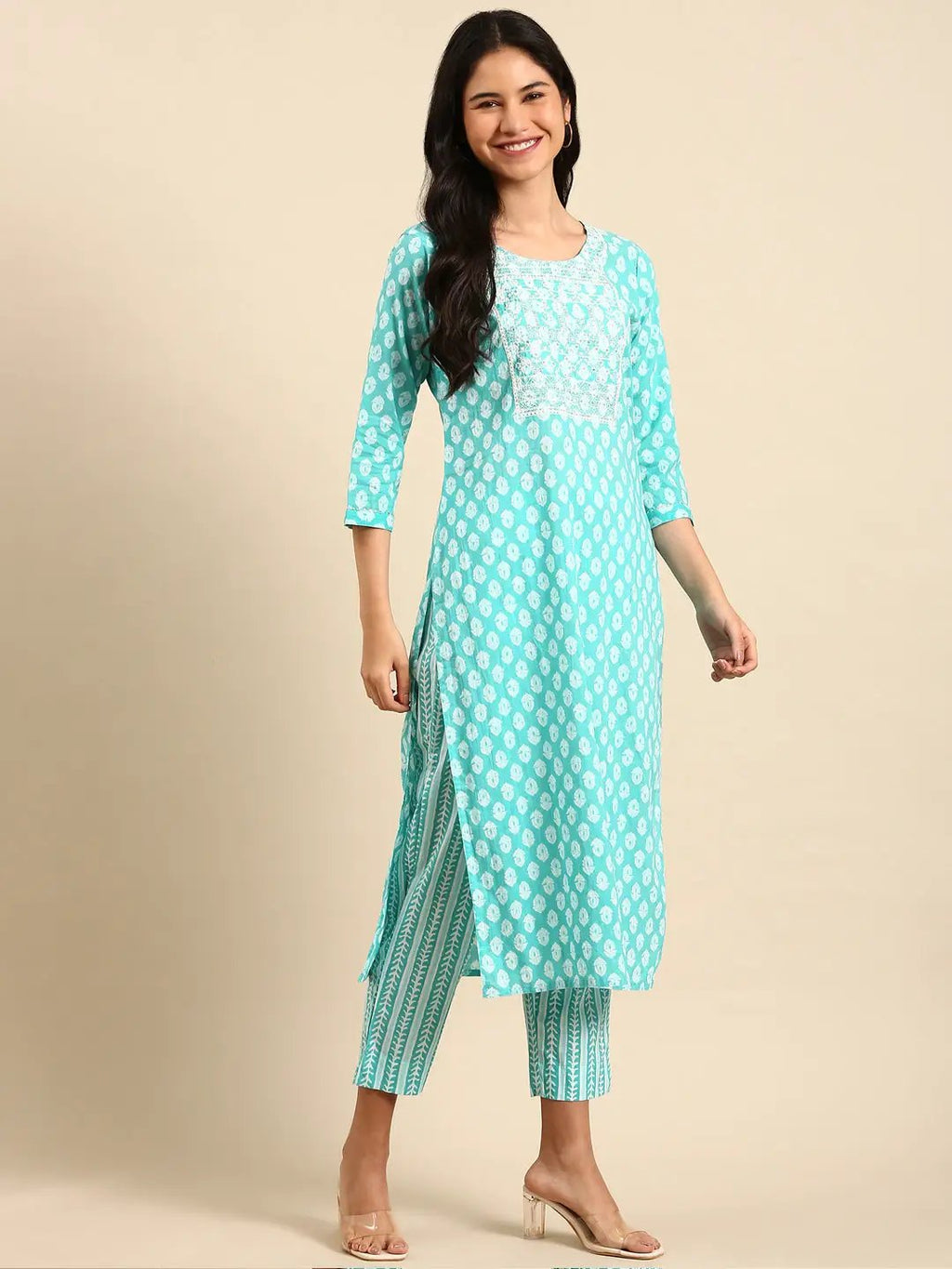 Women's Ethnic Graphic Blue Straight Kurta Set with Dupatta