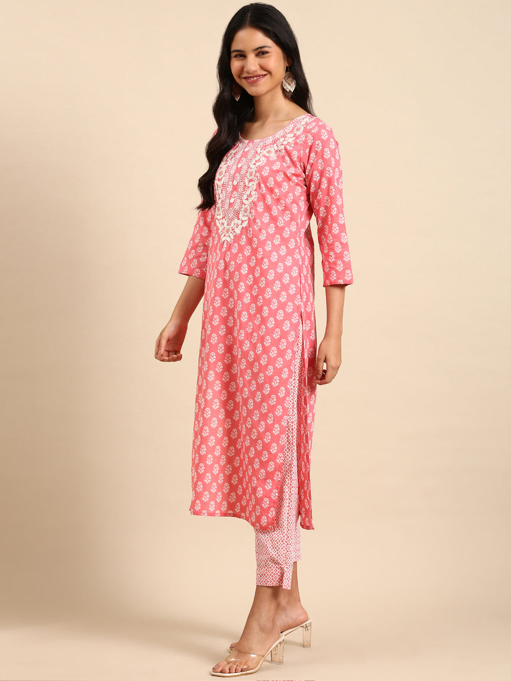 Women's Graphic Ethnic Pink Straight Kurta Set with Dupatta