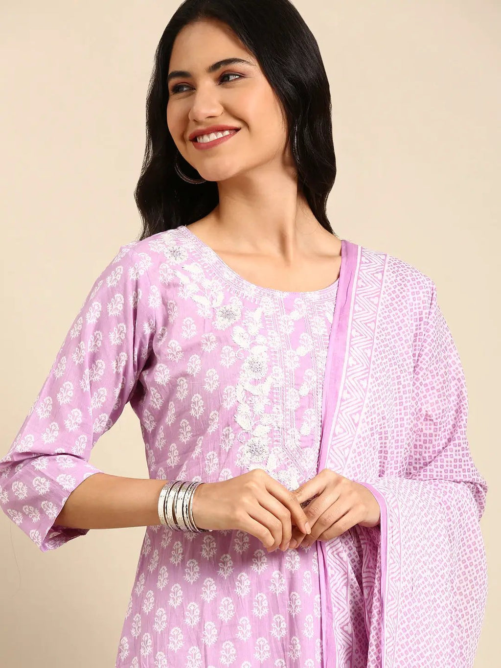 Women's Ethnic Graphic Purple Straight Kurta Set with Dupatta