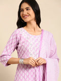 Women's Ethnic Graphic Purple Straight Kurta Set with Dupatta
