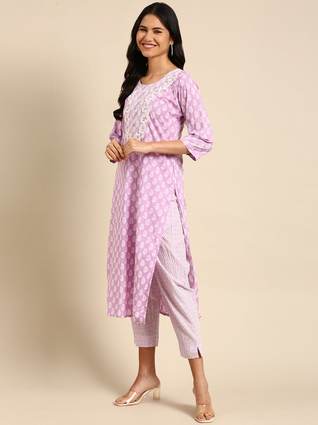 Women's Ethnic Graphic Purple Straight Kurta Set with Dupatta
