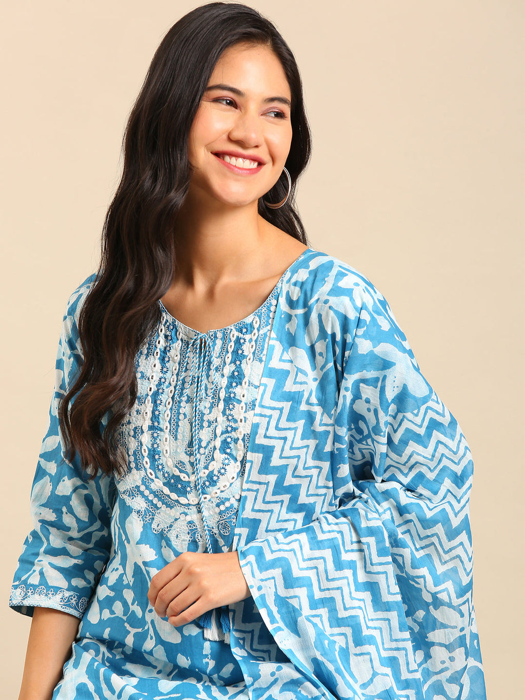 Women's Abstract Blue Straight Kurta Set with Dupatta
