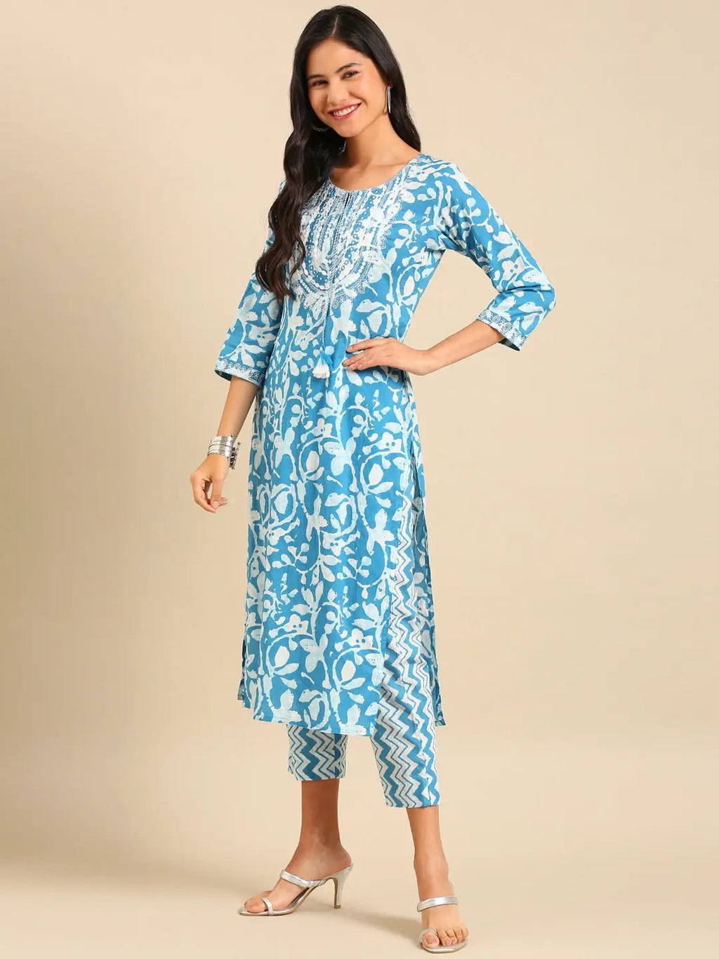 Women's Abstract Blue Straight Kurta Set with Dupatta