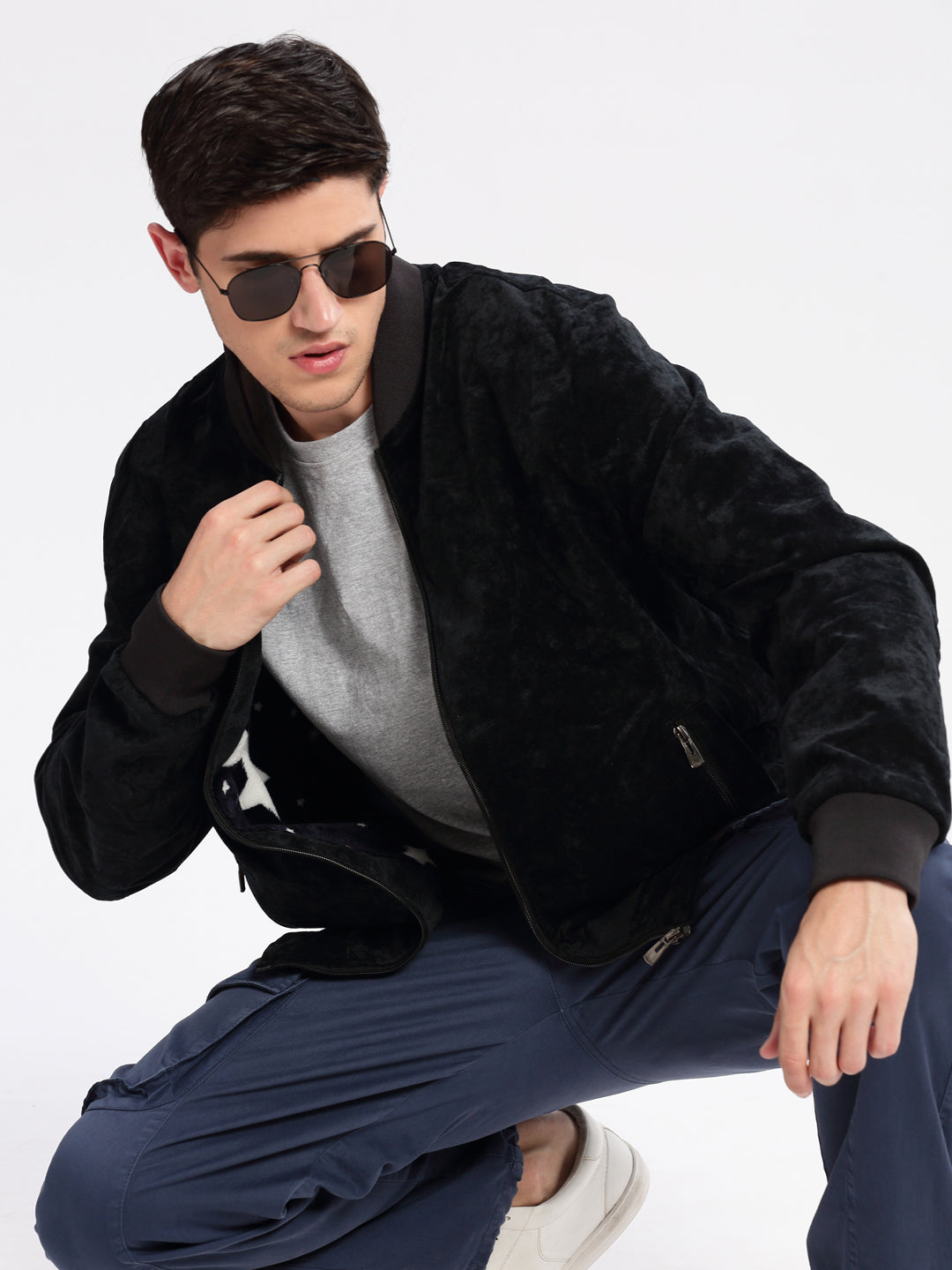 Men's Mandarin Collar Solid Navy Blue Bomber Jacket