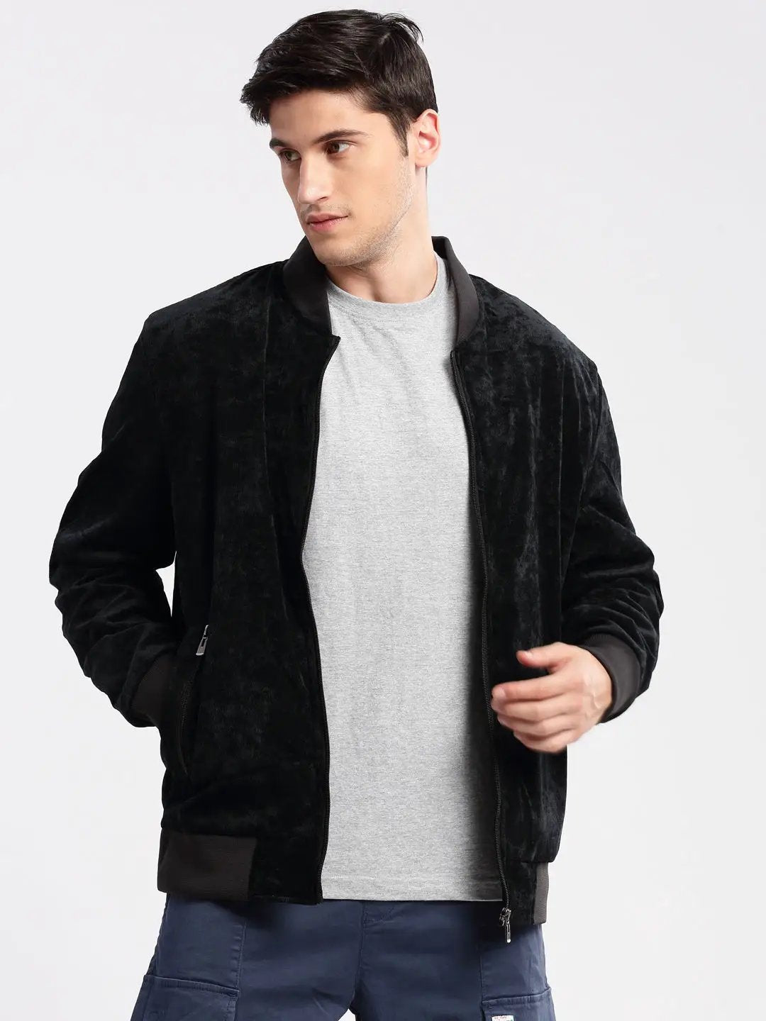 Men's Mandarin Collar Solid Navy Blue Bomber Jacket