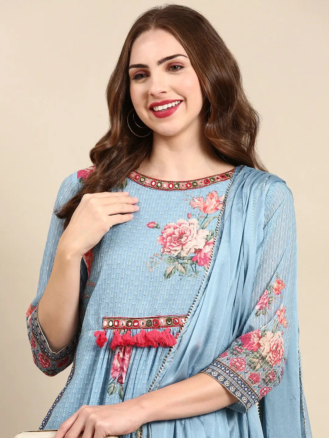Women's Blue Floral Printed Mirror Work Kurta Set With Dupatta