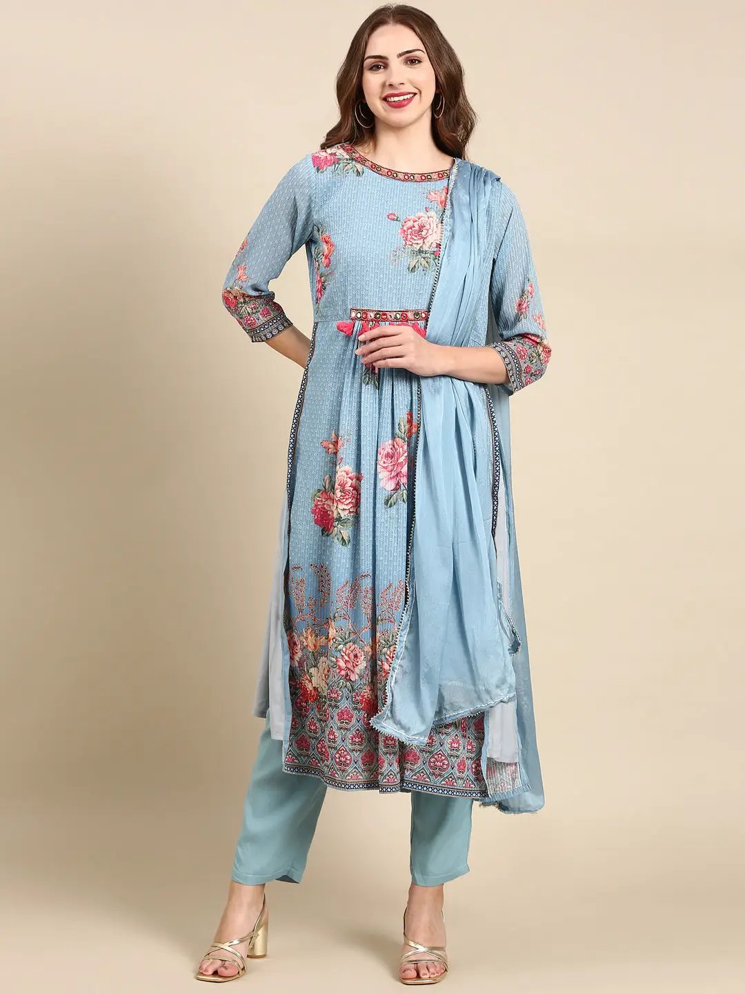 Women's Blue Floral Printed Mirror Work Kurta Set With Dupatta